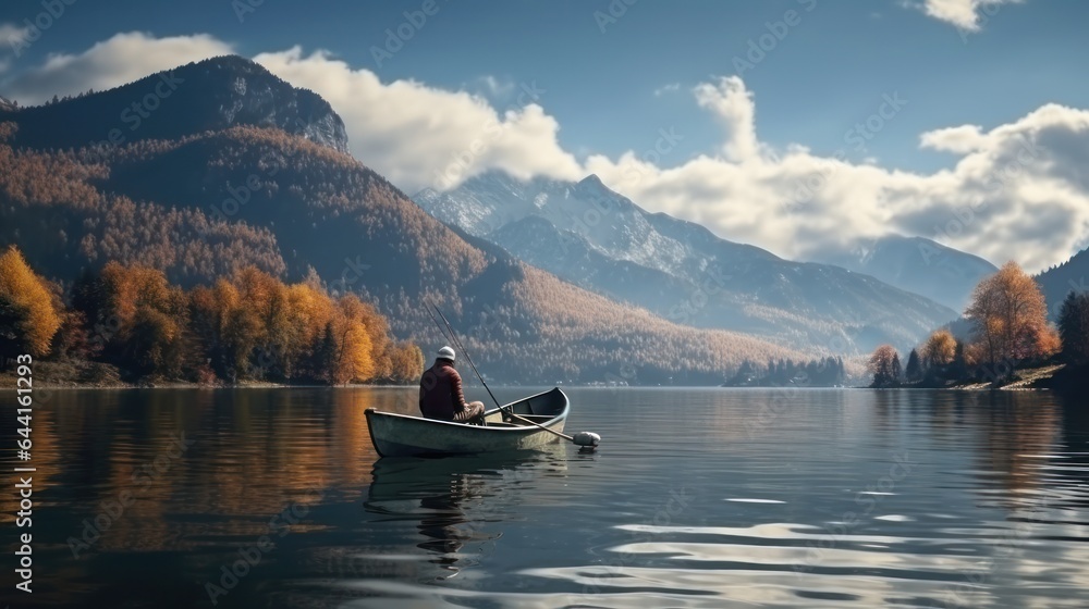 An old man is fishing while sitting in a boat in the middle of a lake