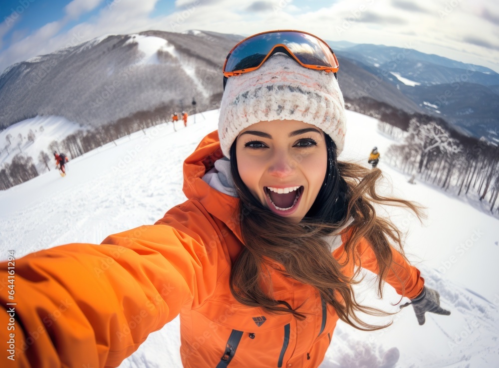 A woman wearing an orange jacket is selfieing on a snowy slope