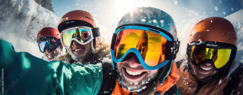 A group of skiers wearing ski goggles and gloves