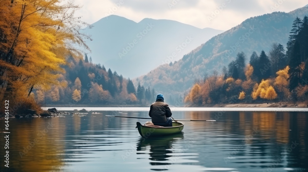 An old man is fishing while sitting in a boat in the middle of a lake