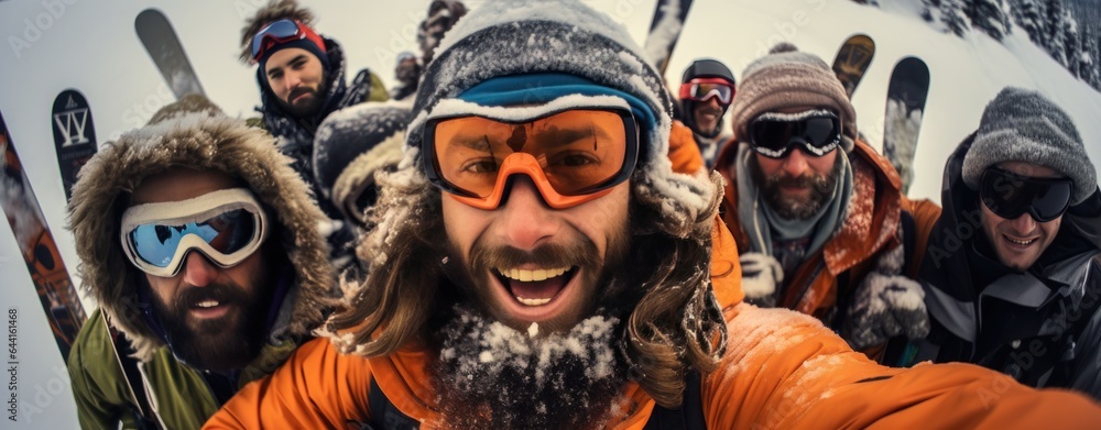 A group of skiers wearing ski goggles and gloves