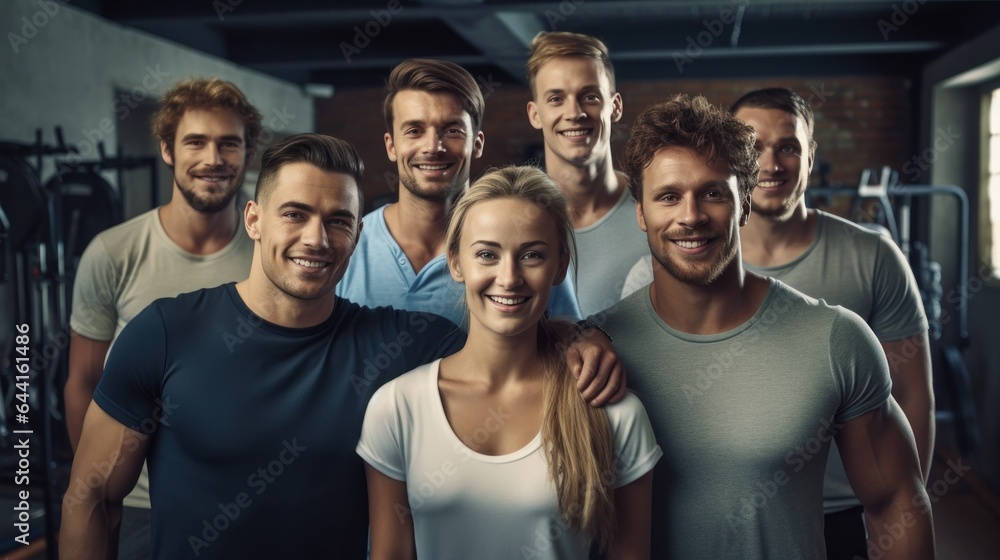 A group of happy people posing in a gym