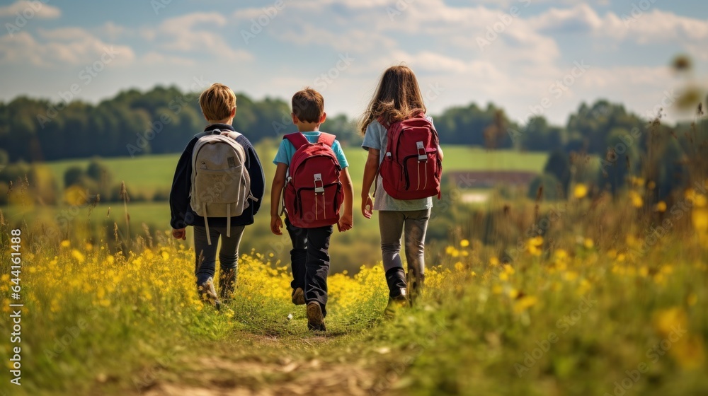 Children walking on a path carrying backpacks