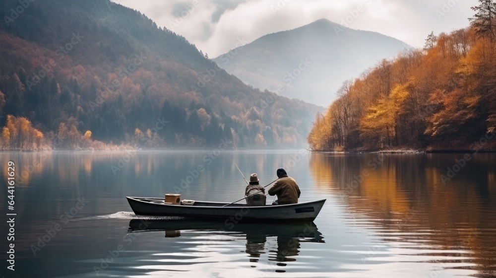 An old man is fishing while sitting in a boat in the middle of a lake