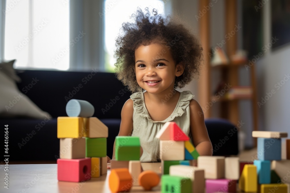 Cute kid in the living room building with blocks in the room