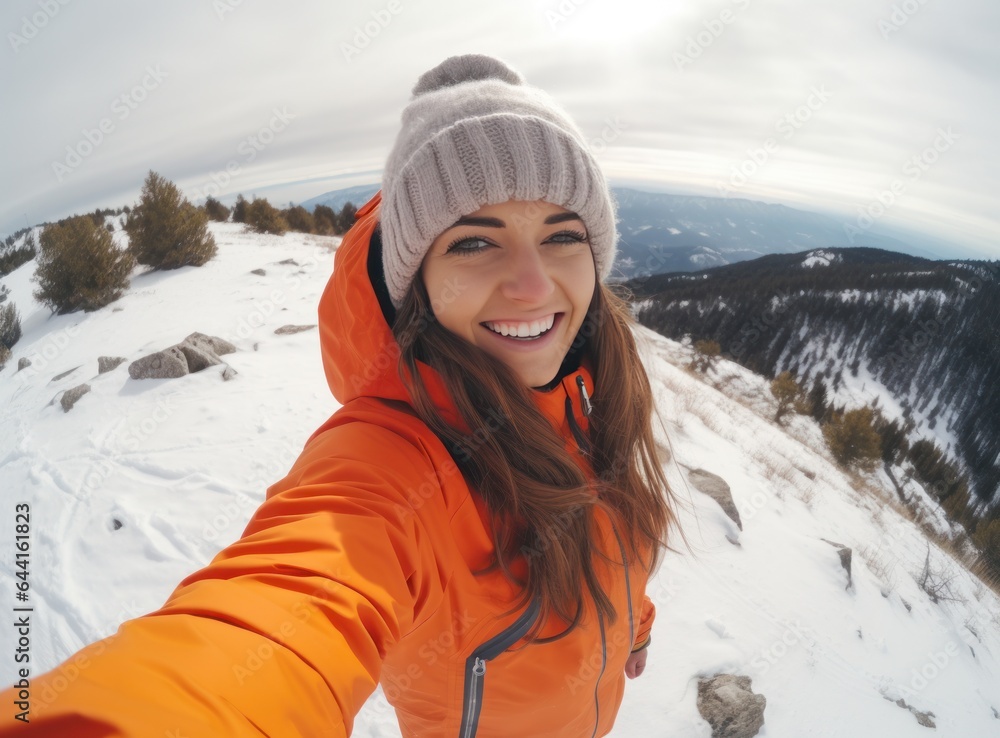 A woman wearing an orange jacket is selfieing on a snowy slope