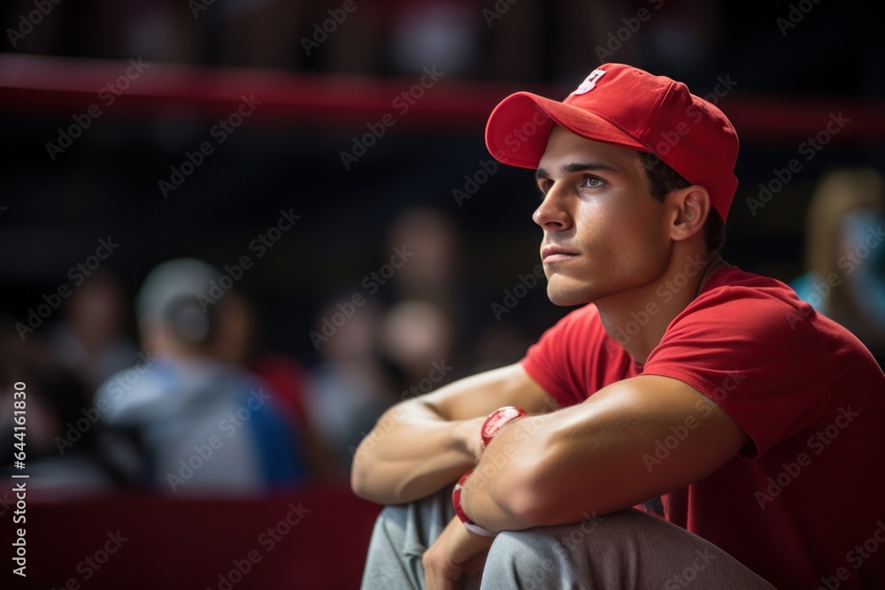 Young man in red baseball cap inside a boxing ring