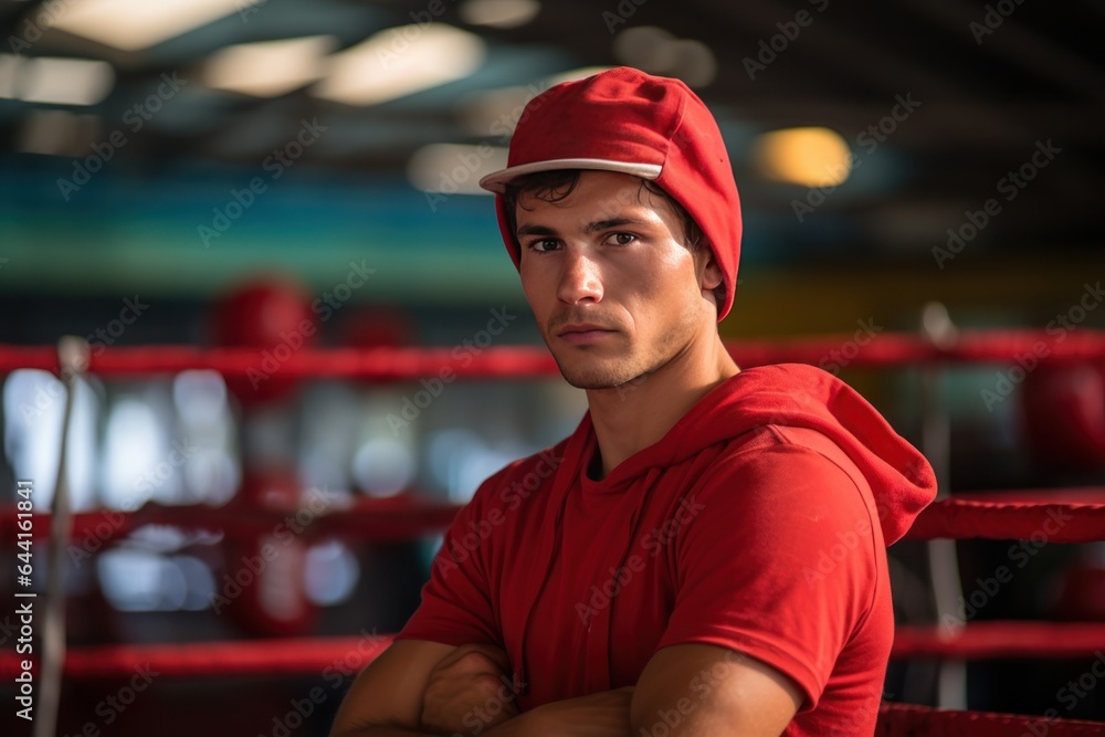 Young man in red baseball cap inside a boxing ring