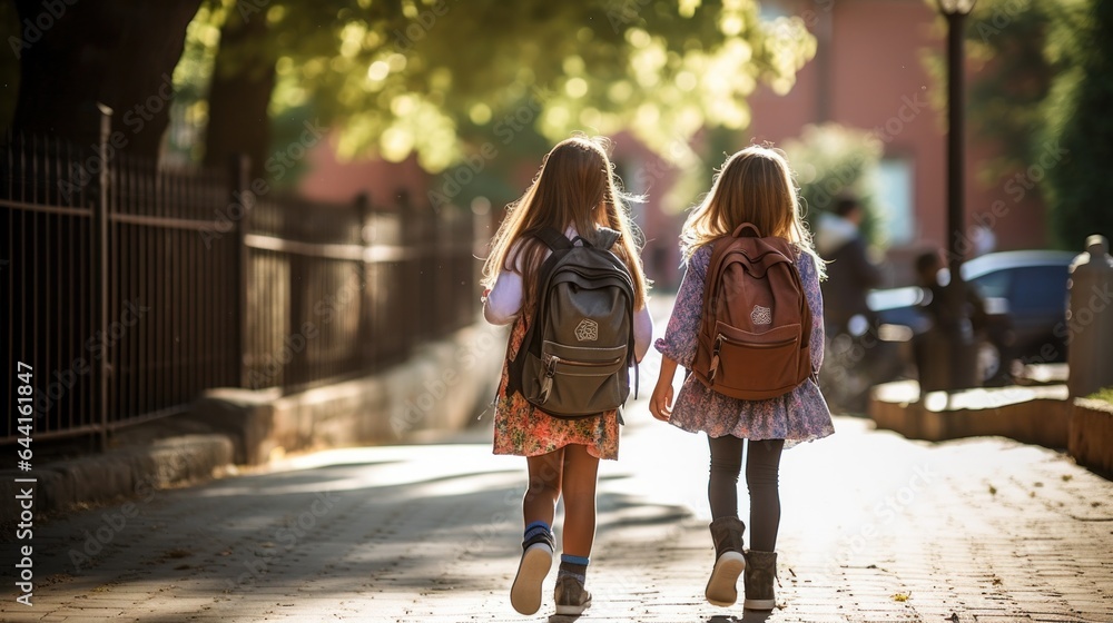 Two young girls are walking with their backpacks