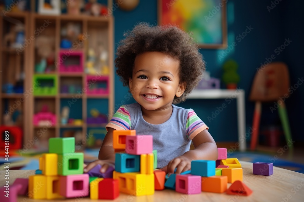 Cute kid in the living room building with blocks in the room