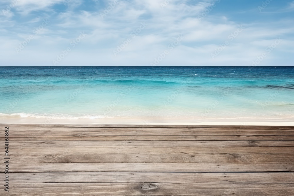 Beautiful scenery of the sea with wooden table on the beach