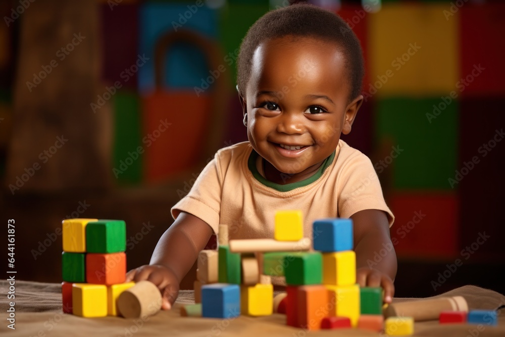 Young african child plays blocks