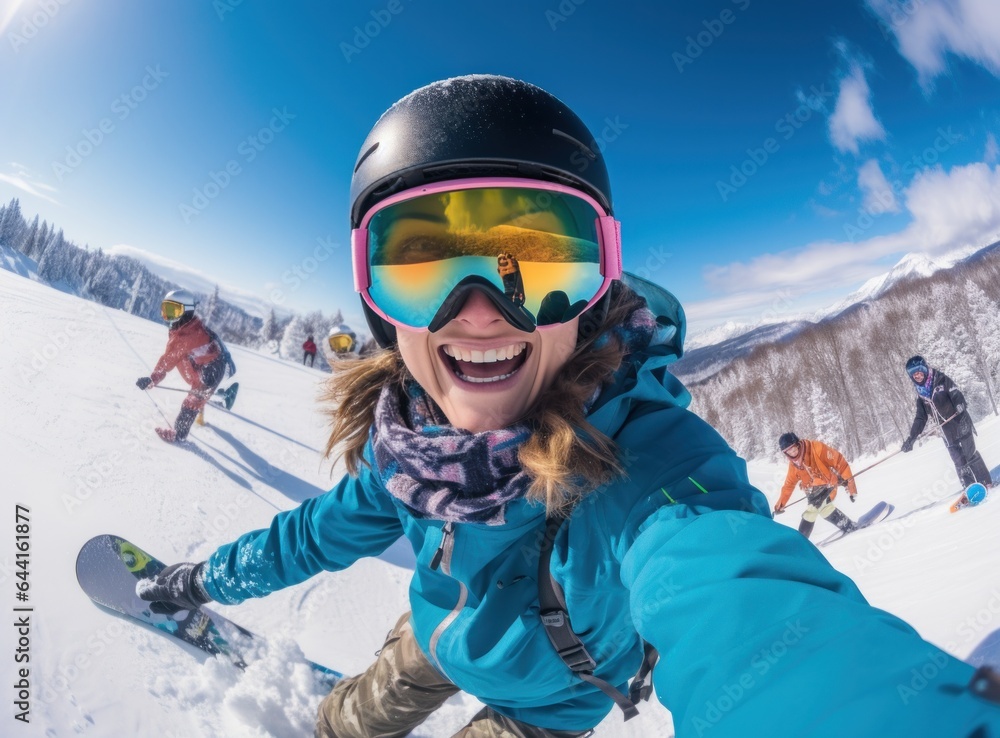 A woman wearing an orange jacket is selfieing on a snowy slope