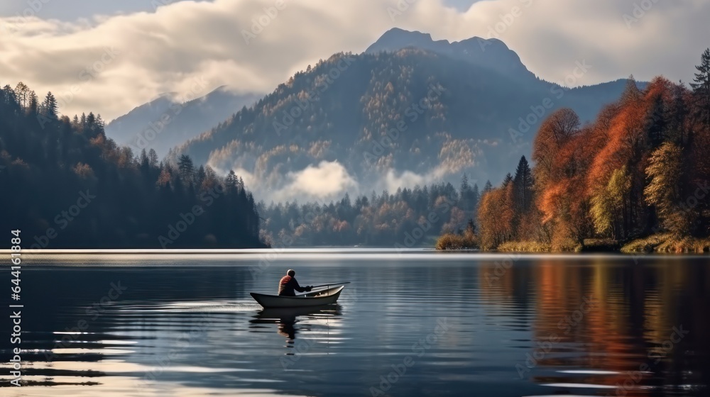 An old man is fishing while sitting in a boat in the middle of a lake