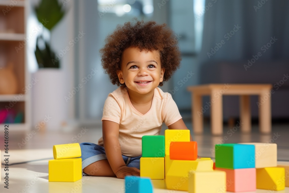 Cute kid in the living room building with blocks in the room