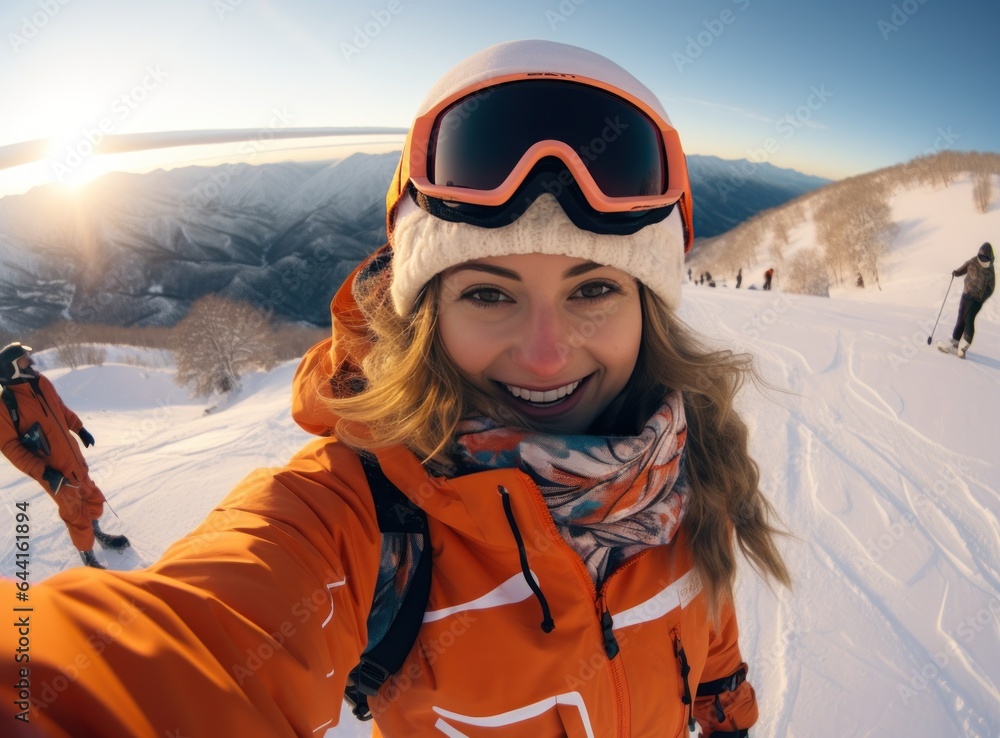 A woman wearing an orange jacket is selfieing on a snowy slope