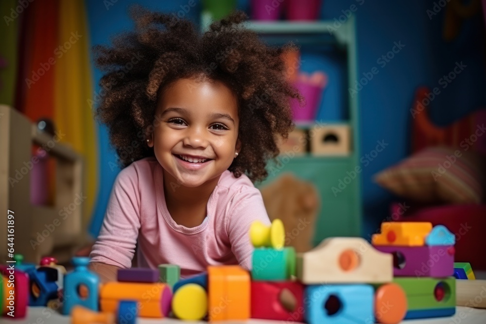 Cute kid in the living room building with blocks in the room