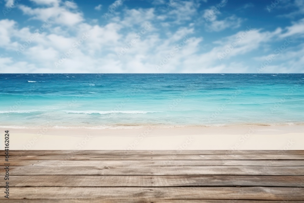 Beautiful scenery of the sea with wooden table on the beach