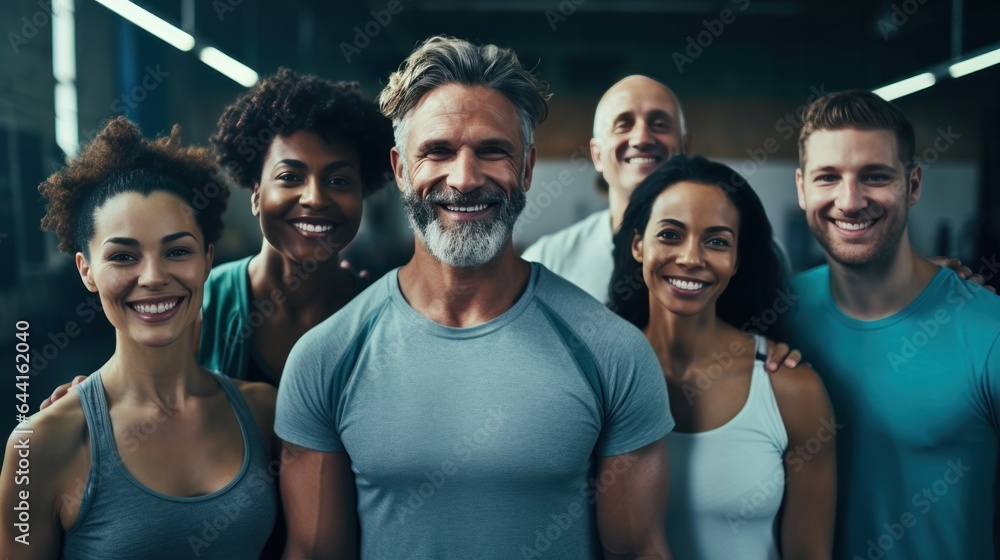 A group of happy people posing in a gym