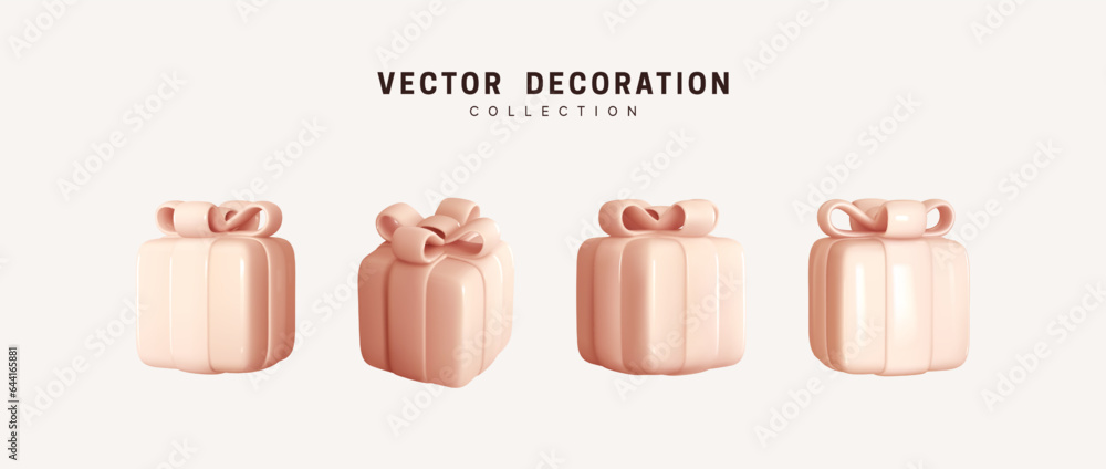 Collection Gifts boxes in cartoon plastic style. Set of realistic 3d gifts box. Holiday decoration p