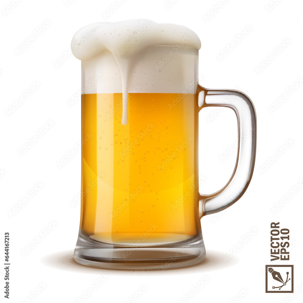 cold mug of light beer with lush flowing foam, 3D realistic glass with handle