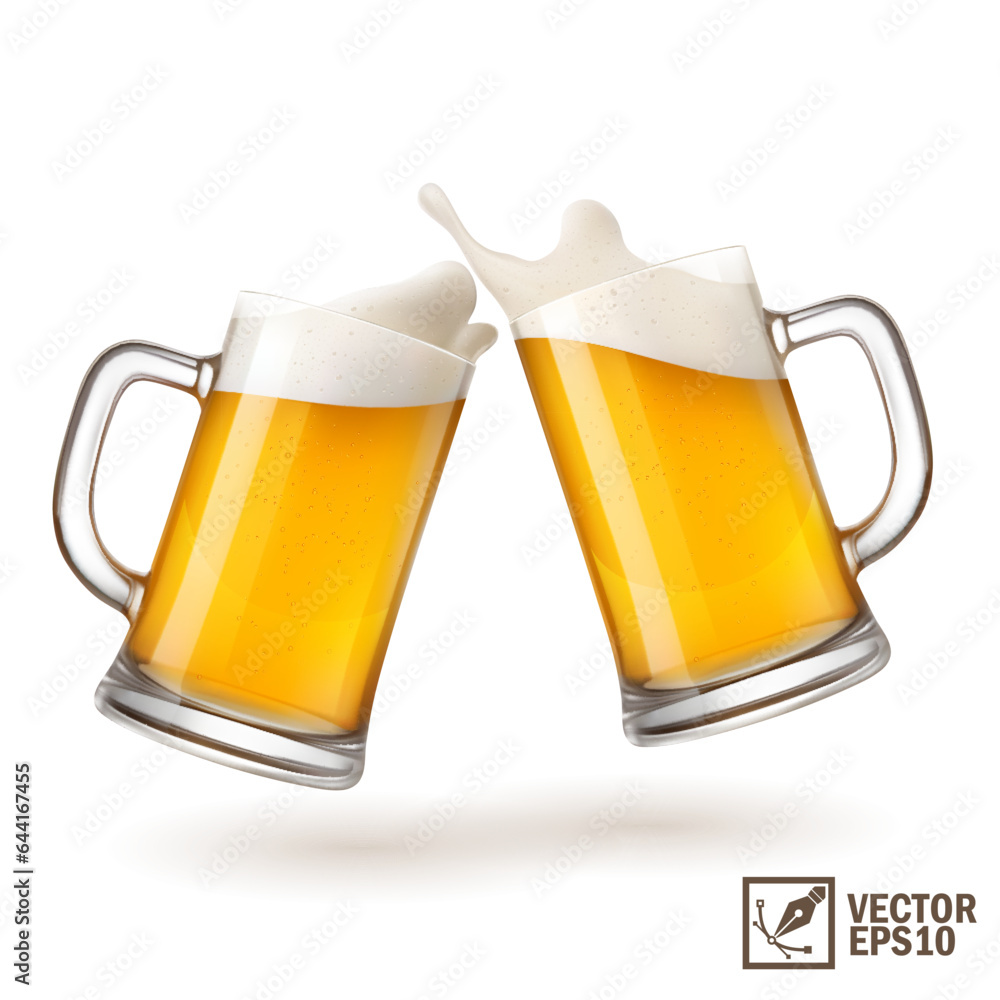 two mugs of light beer toasting creating splash, 3D realistic glasses with handle