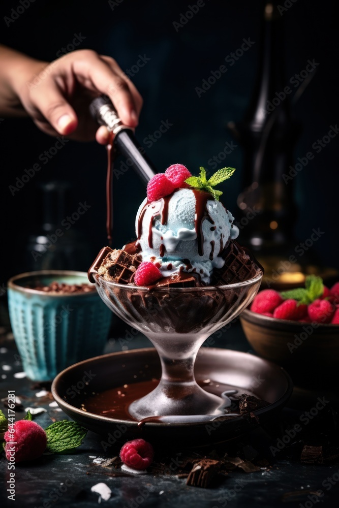 Pouring chocolate ice cream onto hot pot sauce