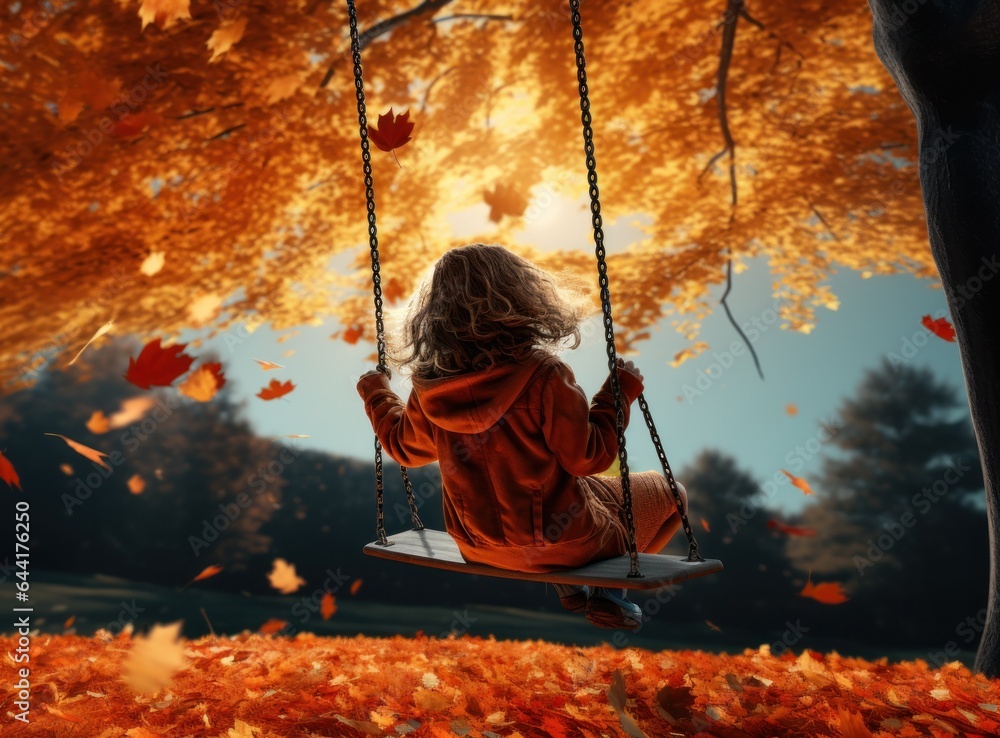 Little girl in autumn swinging in the park with some red and yellow leaves