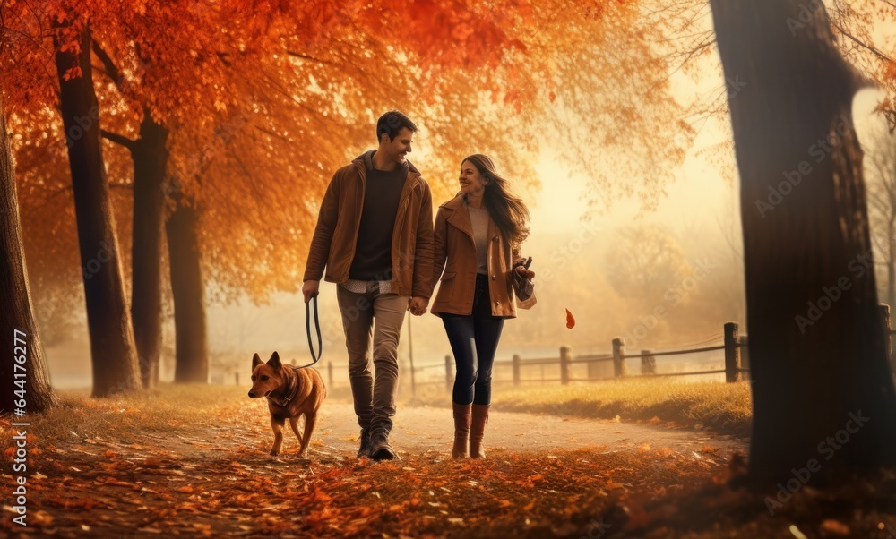 couple walking their dog in autumn park