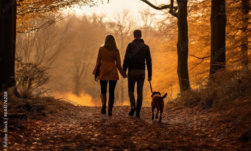 couple walking their dog in autumn park