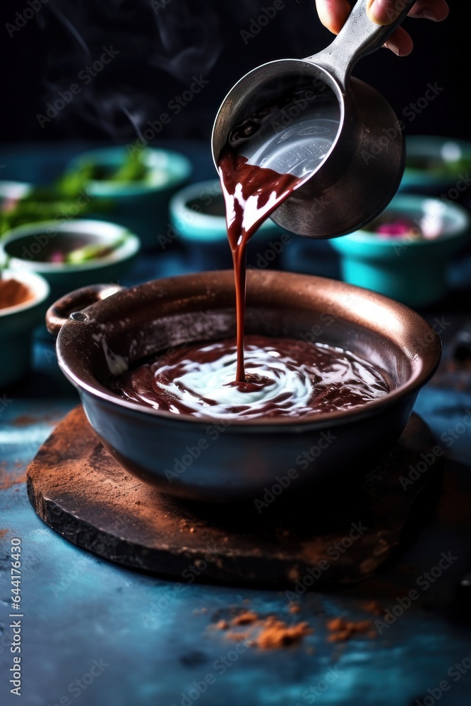 Pouring chocolate ice cream onto hot pot sauce