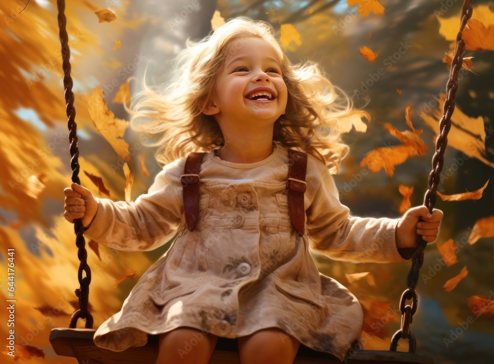 Little girl in autumn swinging in the park with some red and yellow leaves