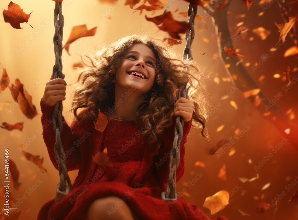 Little girl in autumn swinging in the park with some red and yellow leaves