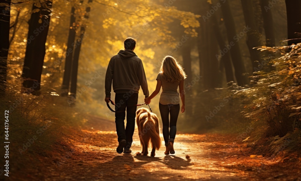 couple walking their dog in autumn park