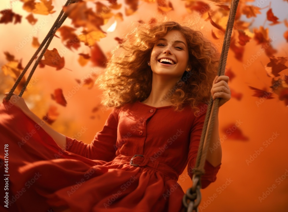 Little girl in autumn swinging in the park with some red and yellow leaves