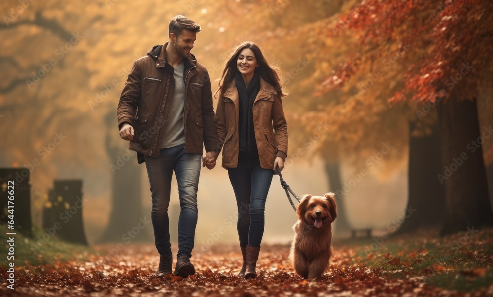 couple walking their dog in autumn park