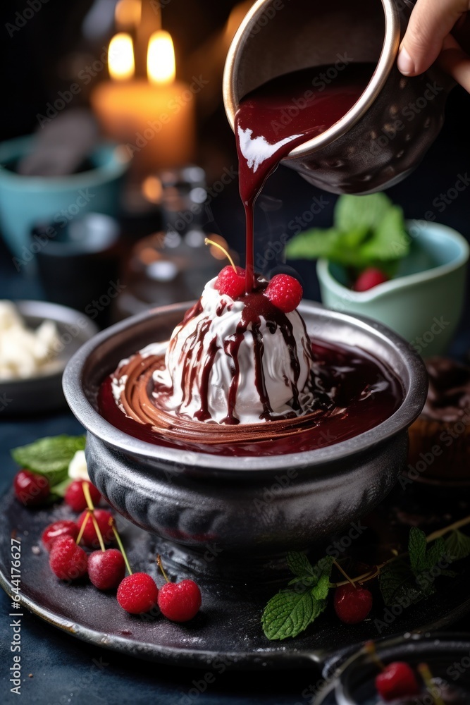 Pouring chocolate ice cream onto hot pot sauce