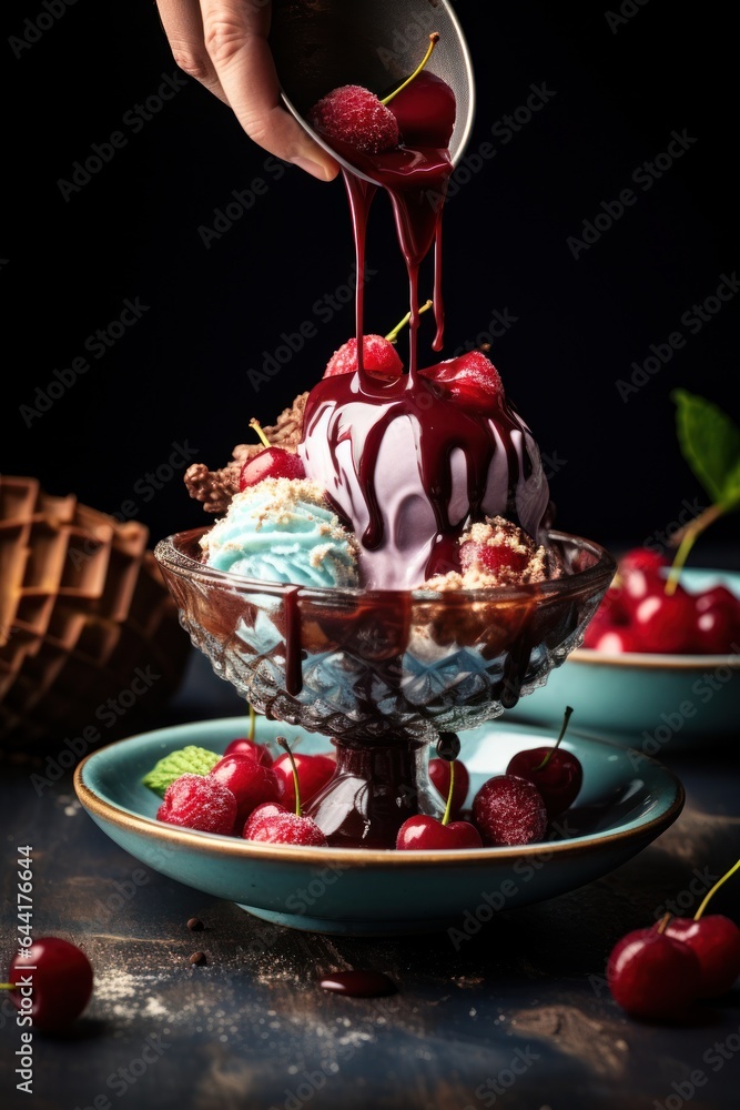 Pouring chocolate ice cream onto hot pot sauce