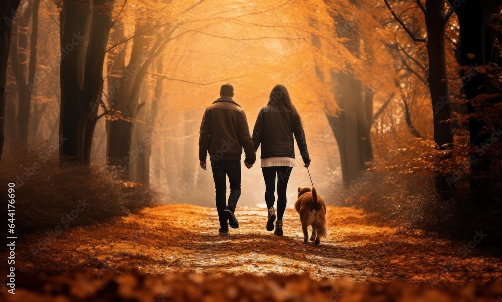 couple walking their dog in autumn park