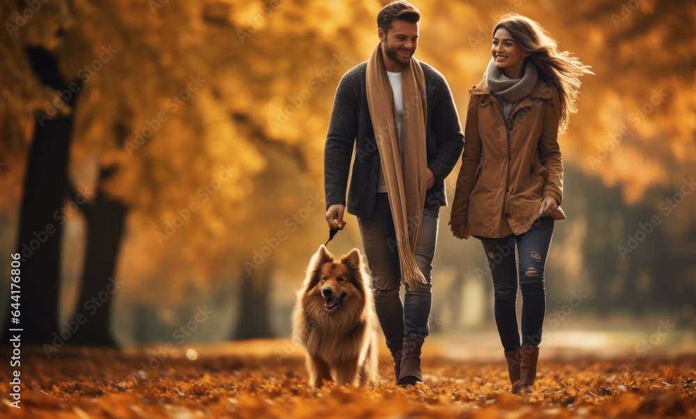 couple walking their dog in autumn park