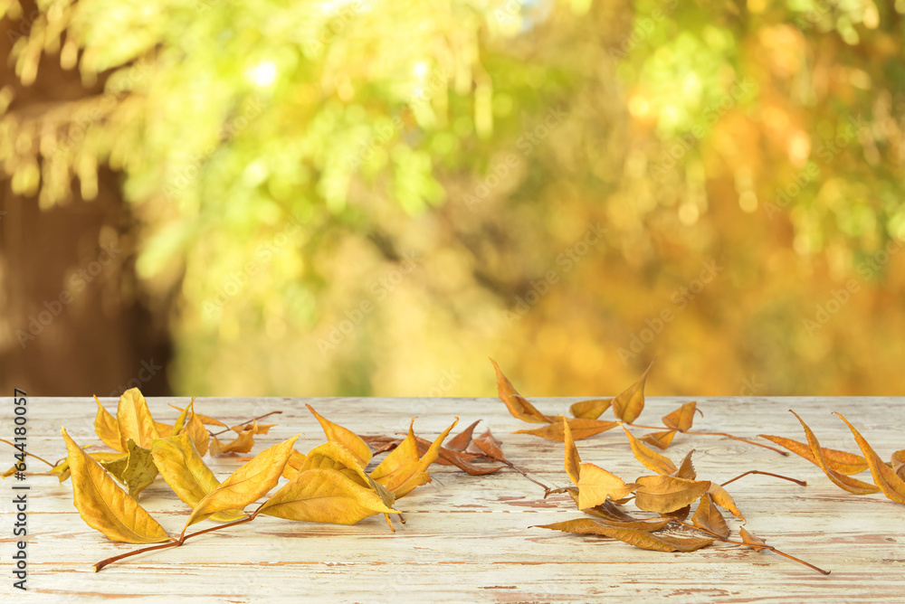 Autumn leaves on wooden table outdoors