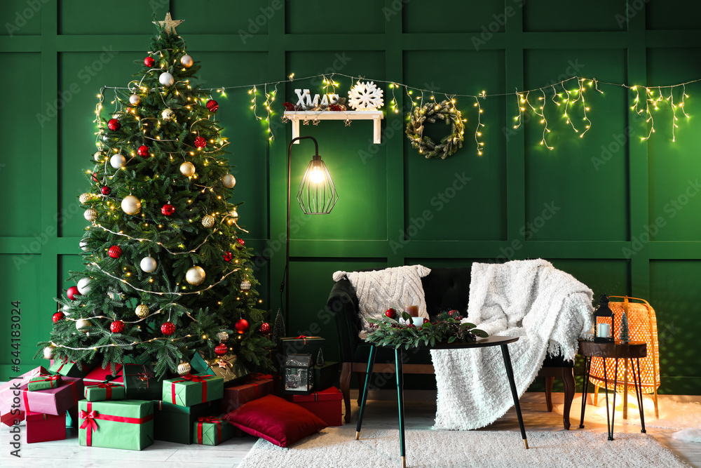 Interior of living room with Christmas tree, gift boxes, sofa and glowing lights