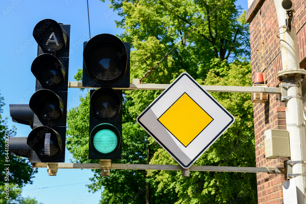 View of red traffic light in city, closeup