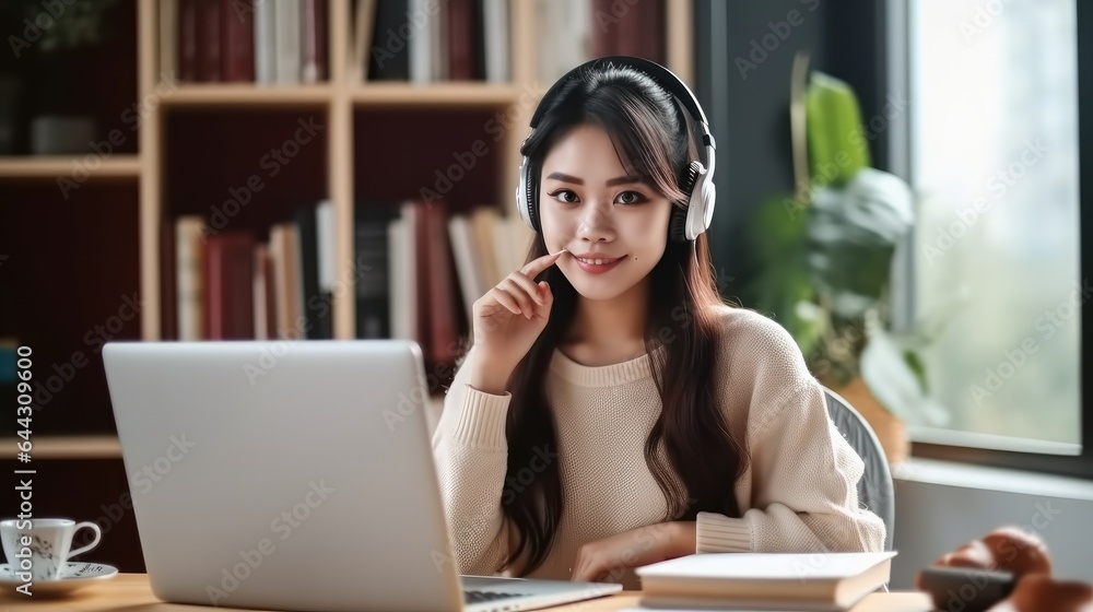 Asian female student studying online using headphones and laptop at home.