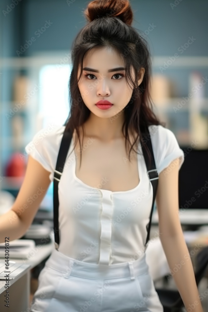 Portrait of Young Asian woman, Fashion designer tailor standing in garment workshop, Seamstress.