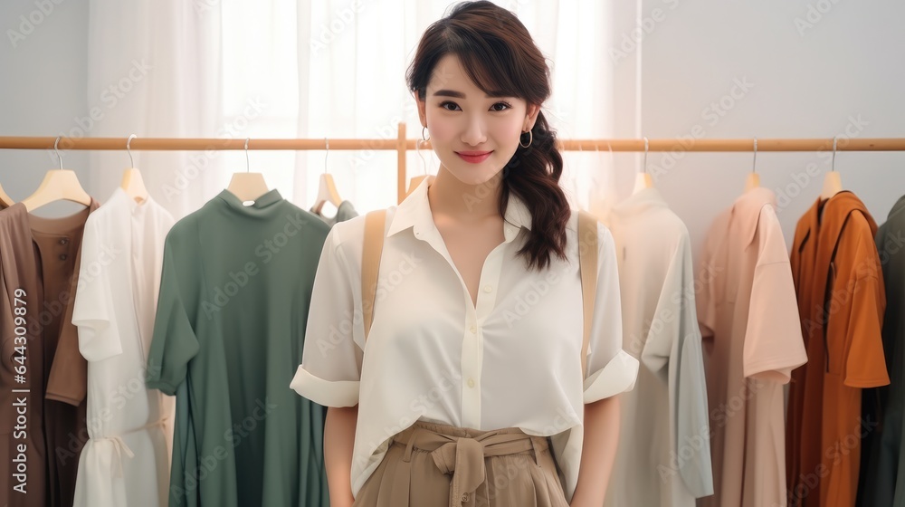 Portrait of Young Asian woman, Fashion designer tailor standing in garment workshop, Seamstress.