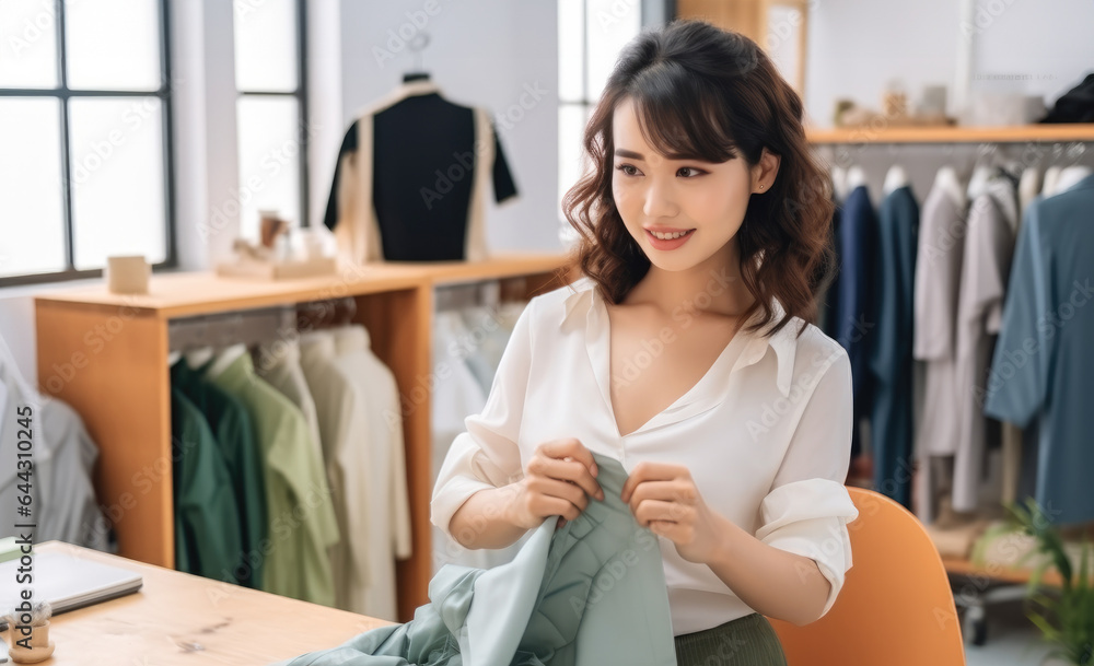 Portrait of Asian Designer stylish standing and working at fashion studio.