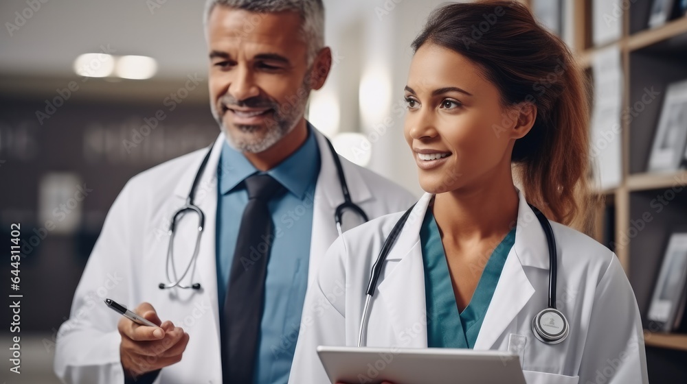 Doctors mentor with student using tablet at hospital.