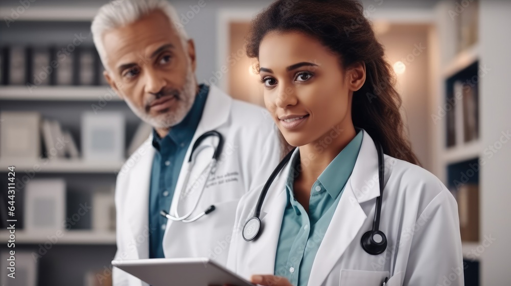 Doctors mentor with student using tablet at hospital.