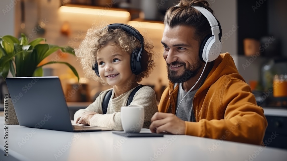 Dad and son in home with headphones are helping each other do homework for online class, Father and 